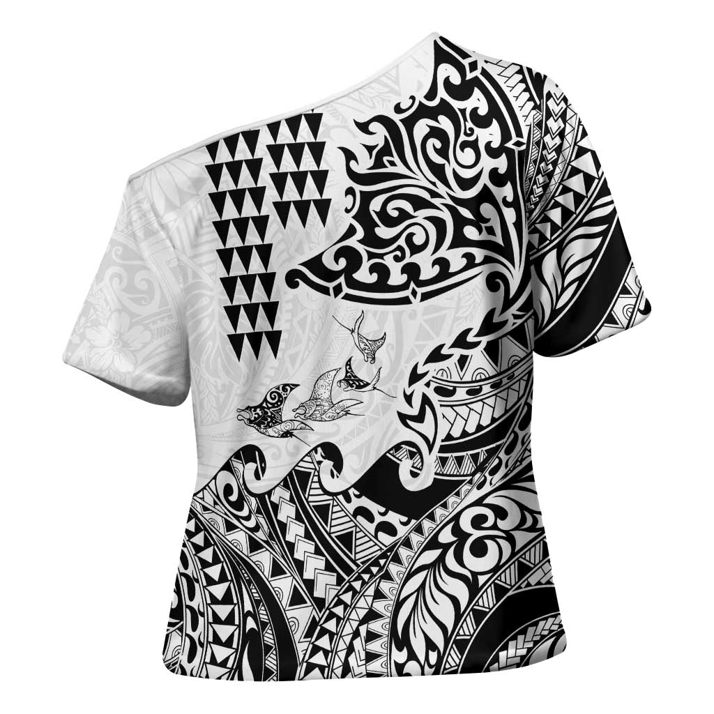 Hawaiian Tribal Manta Ray Cross Shoulder Shirt Kakau Tattoo and Polynesian Art Motif Pattern