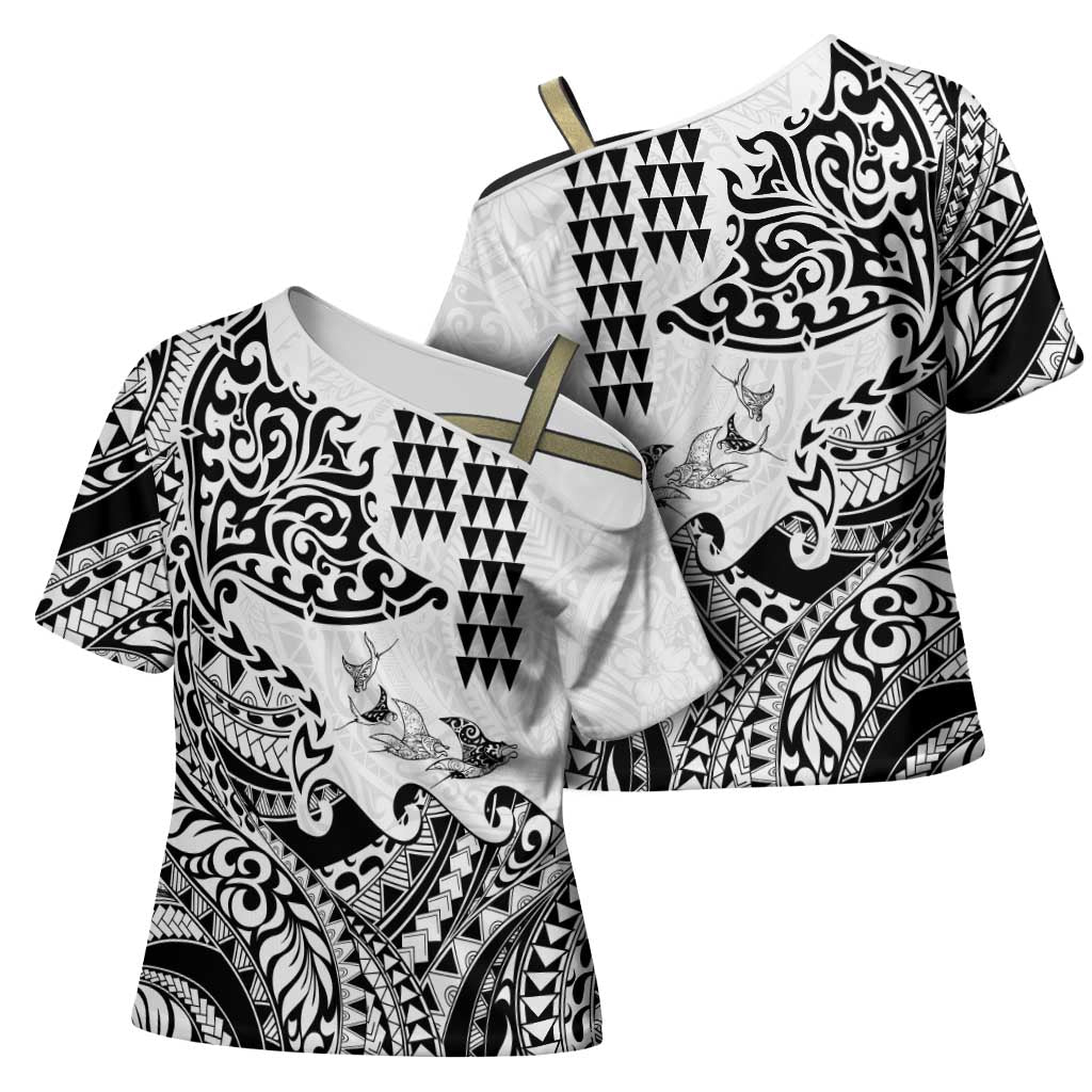 Hawaiian Tribal Manta Ray Cross Shoulder Shirt Kakau Tattoo and Polynesian Art Motif Pattern
