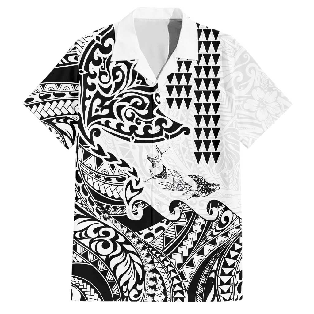 Hawaiian Tribal Manta Ray Family Matching Long Sleeve Bodycon Dress and Hawaiian Shirt Kakau Tattoo and Polynesian Art Motif Pattern LT03 Dad's Shirt - Short Sleeve Multicolor - Polynesian Pride