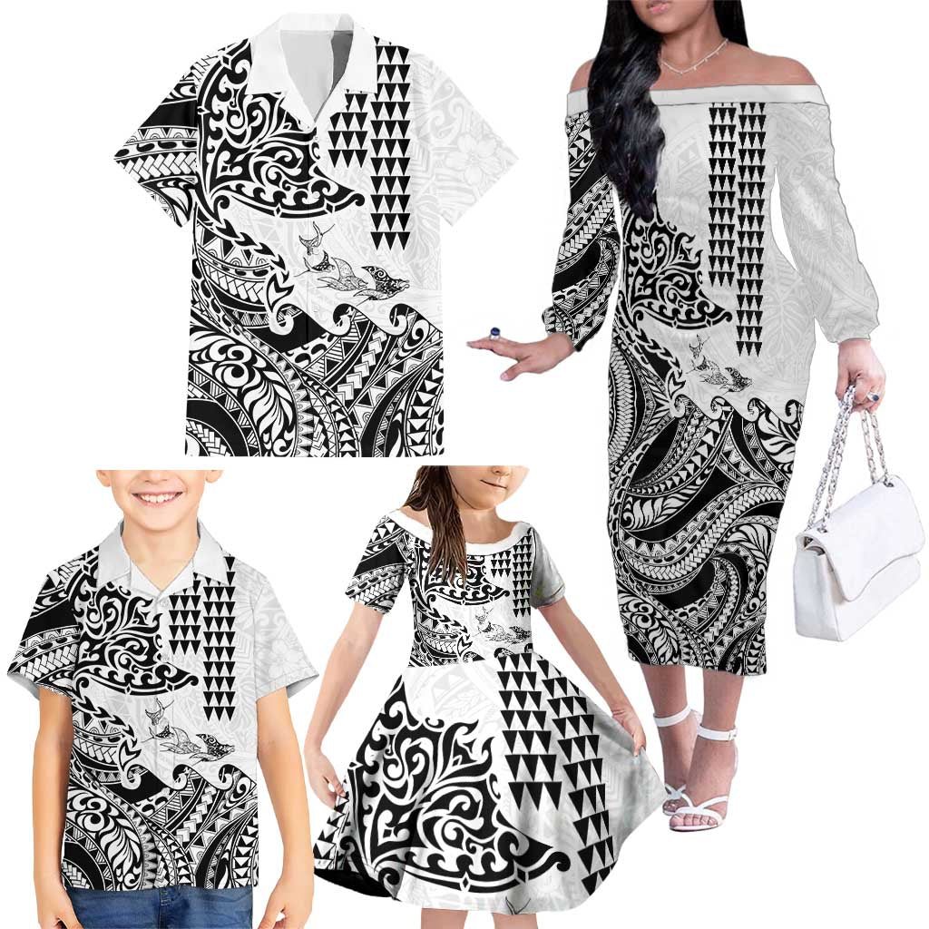 Hawaiian Tribal Manta Ray Family Matching Off The Shoulder Long Sleeve Dress and Hawaiian Shirt Kakau Tattoo and Polynesian Art Motif Pattern LT03 - Polynesian Pride