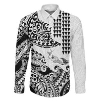 Hawaiian Tribal Manta Ray Family Matching Off Shoulder Short Dress and Hawaiian Shirt Kakau Tattoo and Polynesian Art Motif Pattern LT03 Dad's Shirt - Long Sleeve Multicolor - Polynesian Pride