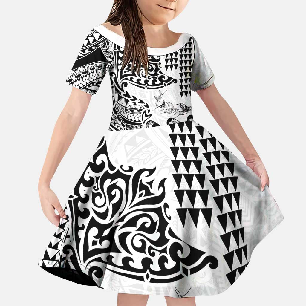 Hawaiian Tribal Manta Ray Family Matching Puletasi and Hawaiian Shirt Kakau Tattoo and Polynesian Art Motif Pattern LT03 Daughter's Dress Multicolor - Polynesian Pride