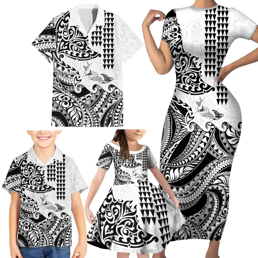 Hawaiian Tribal Manta Ray Family Matching Short Sleeve Bodycon Dress and Hawaiian Shirt Kakau Tattoo and Polynesian Art Motif Pattern LT03 - Polynesian Pride