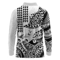 Hawaiian Tribal Manta Ray Long Sleeve Polo Shirt Kakau Tattoo and Polynesian Art Motif Pattern