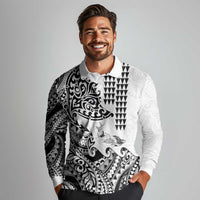 Hawaiian Tribal Manta Ray Long Sleeve Polo Shirt Kakau Tattoo and Polynesian Art Motif Pattern