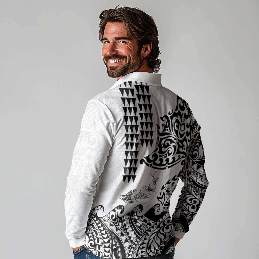 Hawaiian Tribal Manta Ray Long Sleeve Polo Shirt Kakau Tattoo and Polynesian Art Motif Pattern