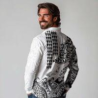 Hawaiian Tribal Manta Ray Long Sleeve Polo Shirt Kakau Tattoo and Polynesian Art Motif Pattern