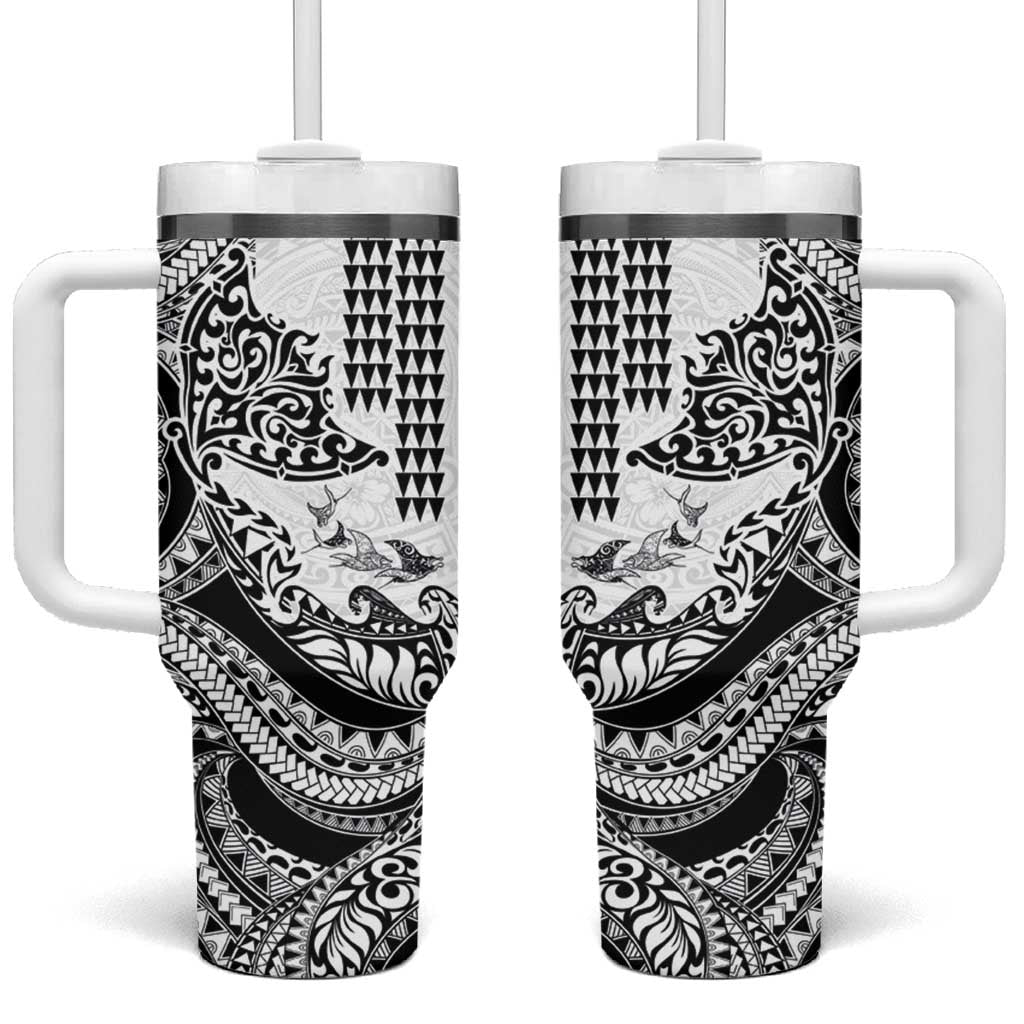 Hawaiian Tribal Manta Ray Tumbler With Handle Kakau Tattoo and Polynesian Art Motif Pattern