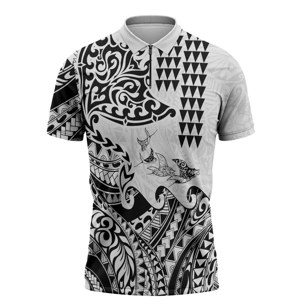 Hawaiian Tribal Manta Ray Zipper Polo Shirt Kakau Tattoo and Polynesian Art Motif Pattern