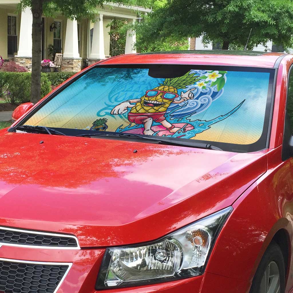 Hawaiian Funny Pineapple Surfing Auto Sun Shade Beach with Tribal Kakau and Plumeria LT03 - Polynesian Pride
