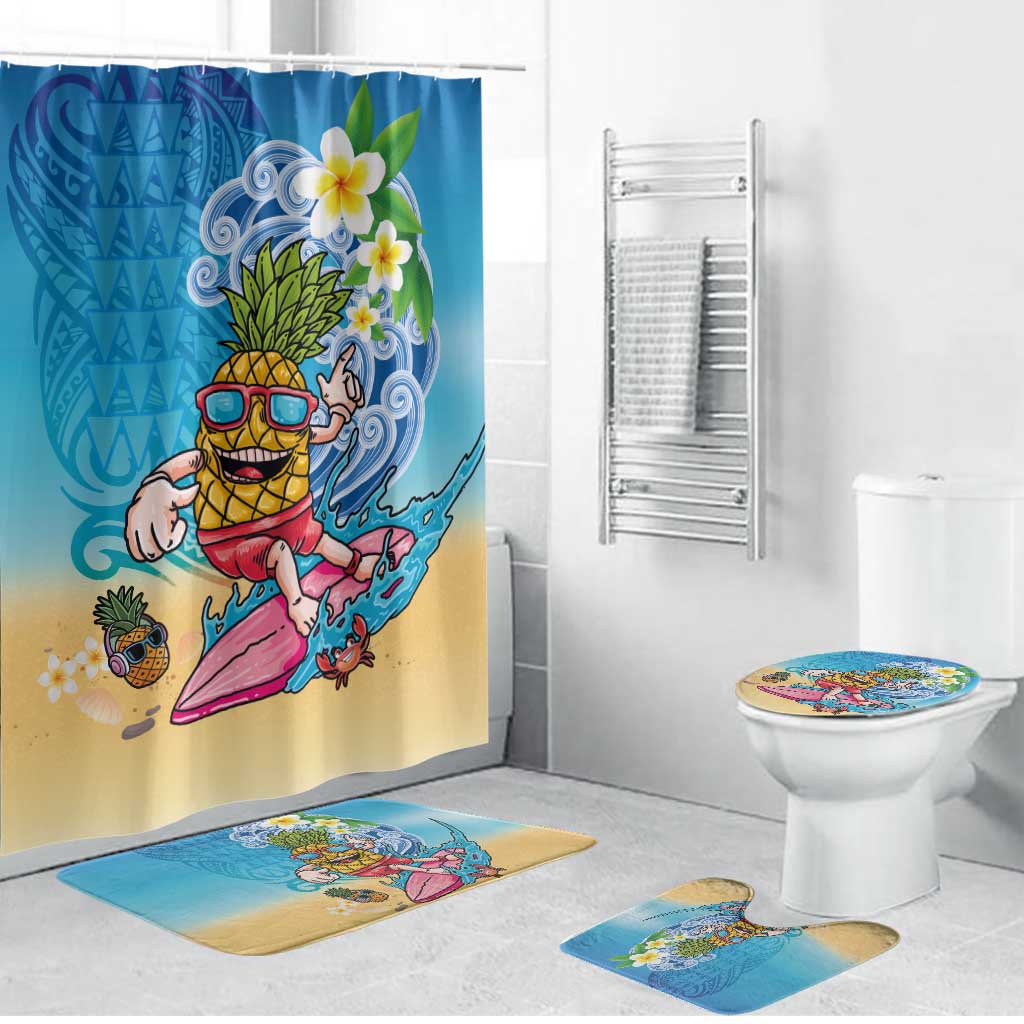 Hawaiian Funny Pineapple Surfing Bathroom Set Beach with Tribal Kakau and Plumeria