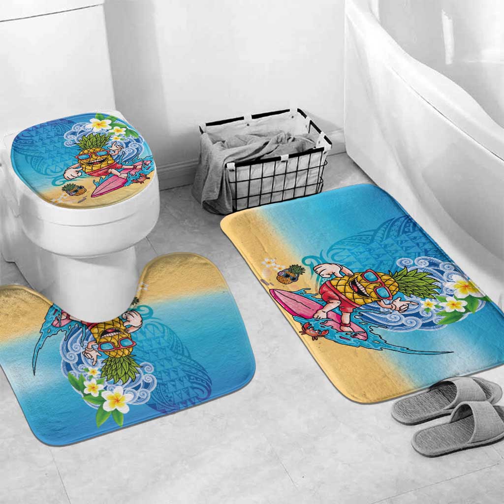 Hawaiian Funny Pineapple Surfing Bathroom Set Beach with Tribal Kakau and Plumeria