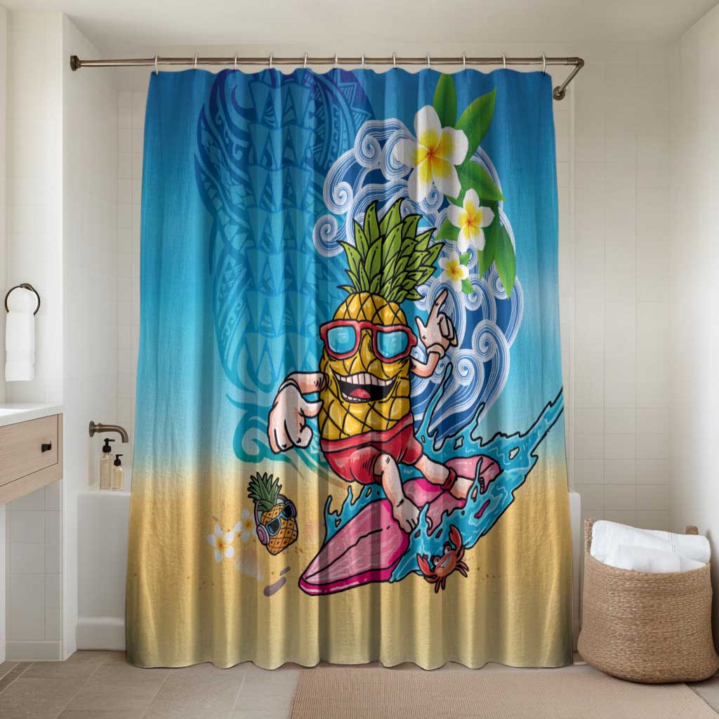 Hawaiian Funny Pineapple Surfing Bathroom Set Beach with Tribal Kakau and Plumeria