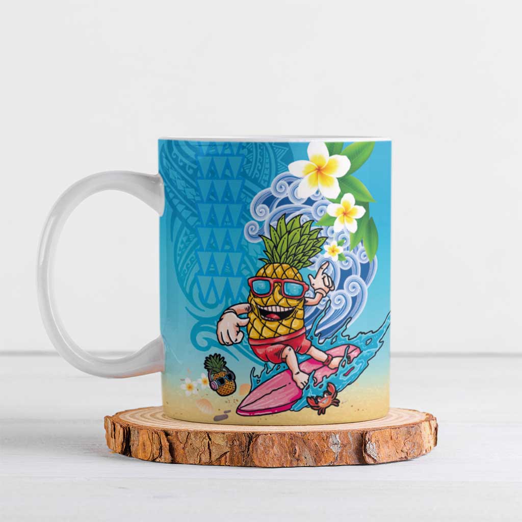 Hawaiian Funny Pineapple Surfing Ceramic Mug Beach with Tribal Kakau and Plumeria LT03 Multicolor - Polynesian Pride