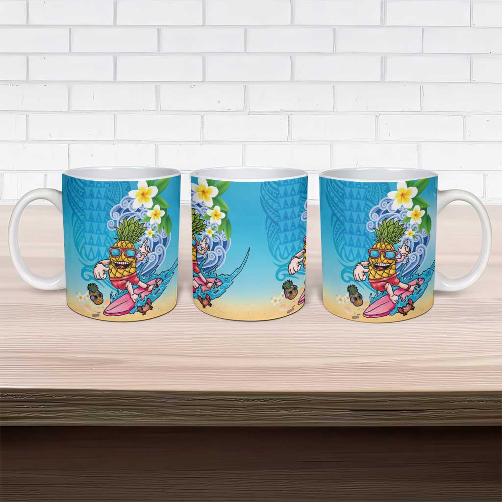 Hawaiian Funny Pineapple Surfing Ceramic Mug Beach with Tribal Kakau and Plumeria LT03 - Polynesian Pride