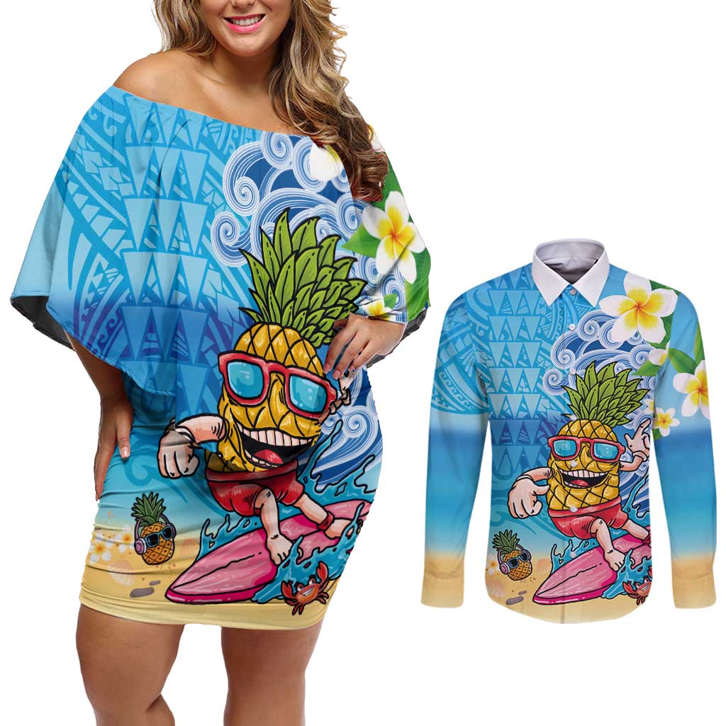 Hawaiian Funny Pineapple Surfing Couples Matching Off Shoulder Short Dress and Long Sleeve Button Shirt Beach with Tribal Kakau and Plumeria LT03 Multicolor - Polynesian Pride