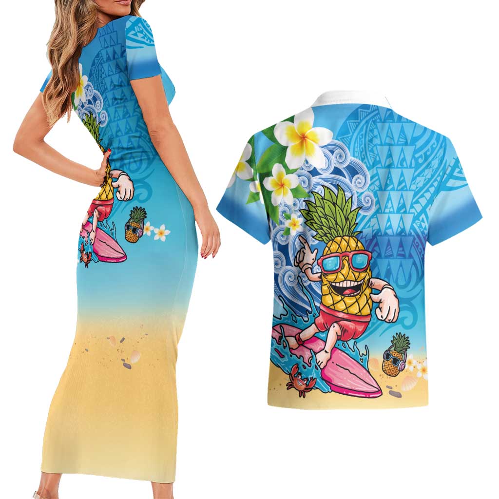Hawaiian Funny Pineapple Surfing Couples Matching Short Sleeve Bodycon Dress and Hawaiian Shirt Beach with Tribal Kakau and Plumeria