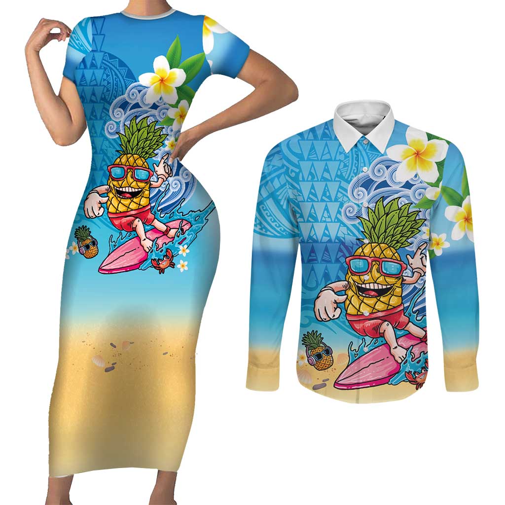Hawaiian Funny Pineapple Surfing Couples Matching Short Sleeve Bodycon Dress and Long Sleeve Button Shirt Beach with Tribal Kakau and Plumeria