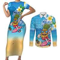 Hawaiian Funny Pineapple Surfing Couples Matching Short Sleeve Bodycon Dress and Long Sleeve Button Shirt Beach with Tribal Kakau and Plumeria