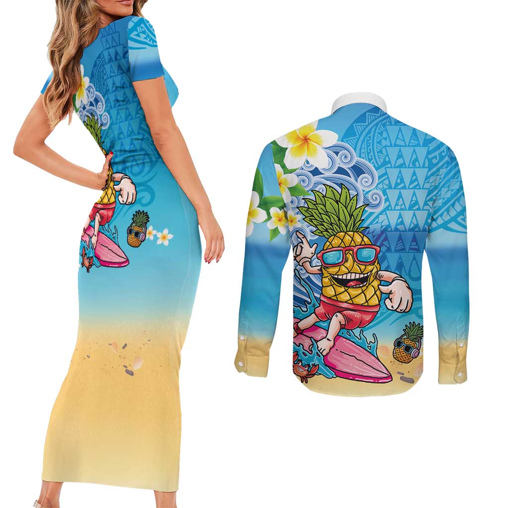 Hawaiian Funny Pineapple Surfing Couples Matching Short Sleeve Bodycon Dress and Long Sleeve Button Shirt Beach with Tribal Kakau and Plumeria