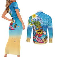 Hawaiian Funny Pineapple Surfing Couples Matching Short Sleeve Bodycon Dress and Long Sleeve Button Shirt Beach with Tribal Kakau and Plumeria