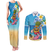 Hawaiian Funny Pineapple Surfing Couples Matching Tank Maxi Dress and Long Sleeve Button Shirt Beach with Tribal Kakau and Plumeria