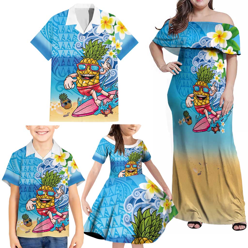 Hawaiian Funny Pineapple Surfing Family Matching Off Shoulder Maxi Dress and Hawaiian Shirt Beach with Tribal Kakau and Plumeria LT03 - Polynesian Pride