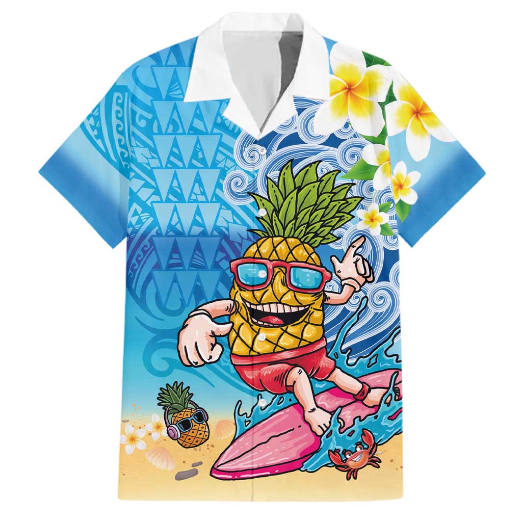 Hawaiian Funny Pineapple Surfing Family Matching Off Shoulder Short Dress and Hawaiian Shirt Beach with Tribal Kakau and Plumeria LT03 Dad's Shirt - Short Sleeve Multicolor - Polynesian Pride