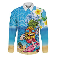 Hawaiian Funny Pineapple Surfing Family Matching Off Shoulder Short Dress and Hawaiian Shirt Beach with Tribal Kakau and Plumeria LT03 Dad's Shirt - Long Sleeve Multicolor - Polynesian Pride