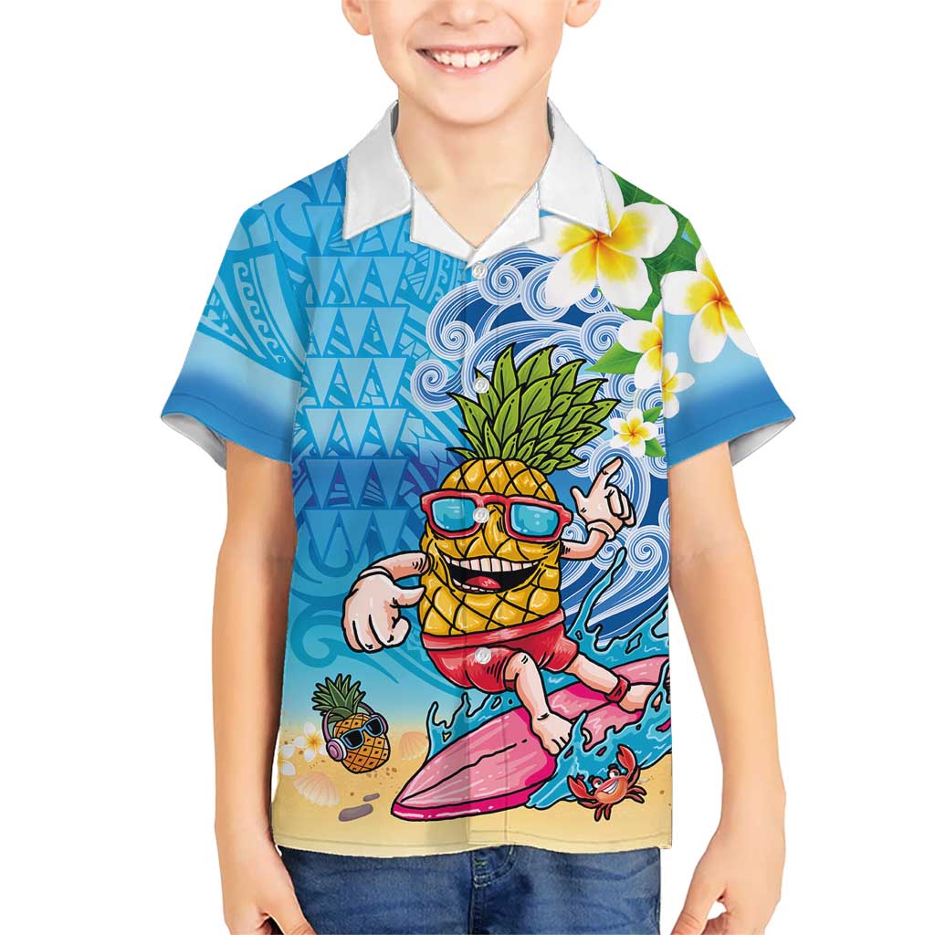 Hawaiian Funny Pineapple Surfing Family Matching Off Shoulder Short Dress and Hawaiian Shirt Beach with Tribal Kakau and Plumeria LT03 Son's Shirt Multicolor - Polynesian Pride