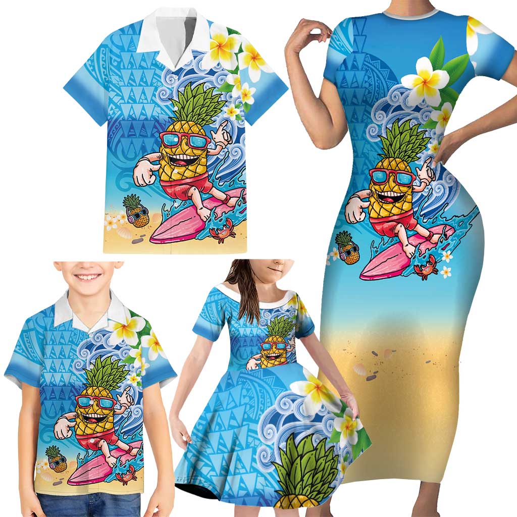 Hawaiian Funny Pineapple Surfing Family Matching Short Sleeve Bodycon Dress and Hawaiian Shirt Beach with Tribal Kakau and Plumeria LT03 - Polynesian Pride