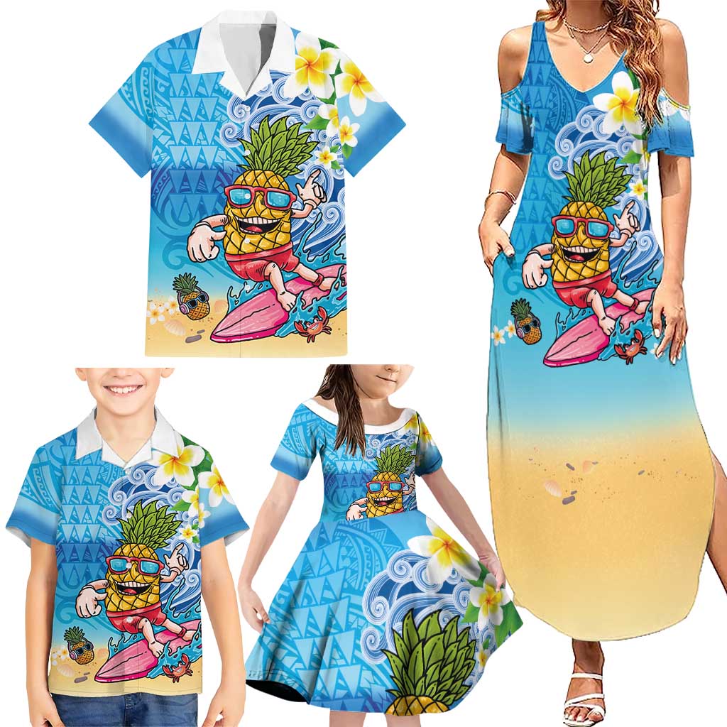 Hawaiian Funny Pineapple Surfing Family Matching Summer Maxi Dress and Hawaiian Shirt Beach with Tribal Kakau and Plumeria LT03 - Polynesian Pride