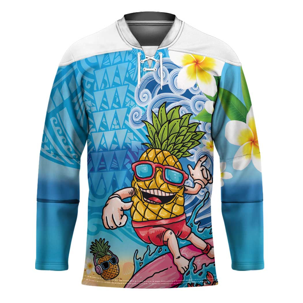 Hawaiian Funny Pineapple Surfing Hockey Jersey Beach with Tribal Kakau and Plumeria