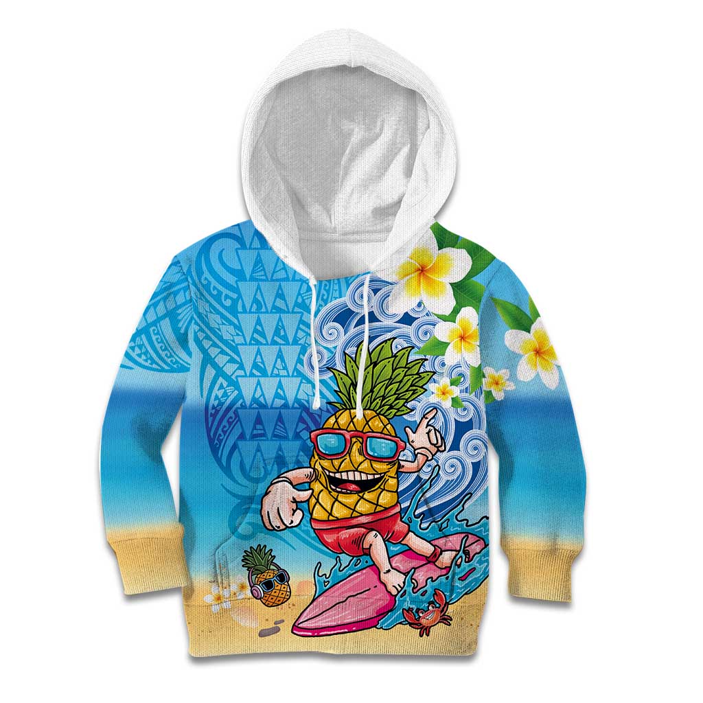 Hawaiian Funny Pineapple Surfing Kid Hoodie Beach with Tribal Kakau and Plumeria