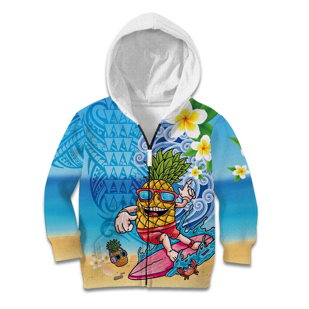 Hawaiian Funny Pineapple Surfing Kid Hoodie Beach with Tribal Kakau and Plumeria