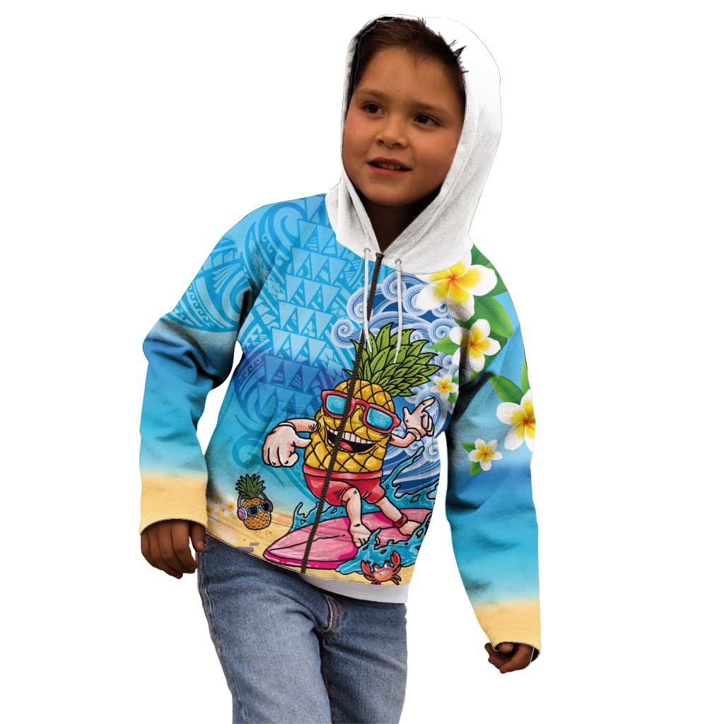 Hawaiian Funny Pineapple Surfing Kid Hoodie Beach with Tribal Kakau and Plumeria