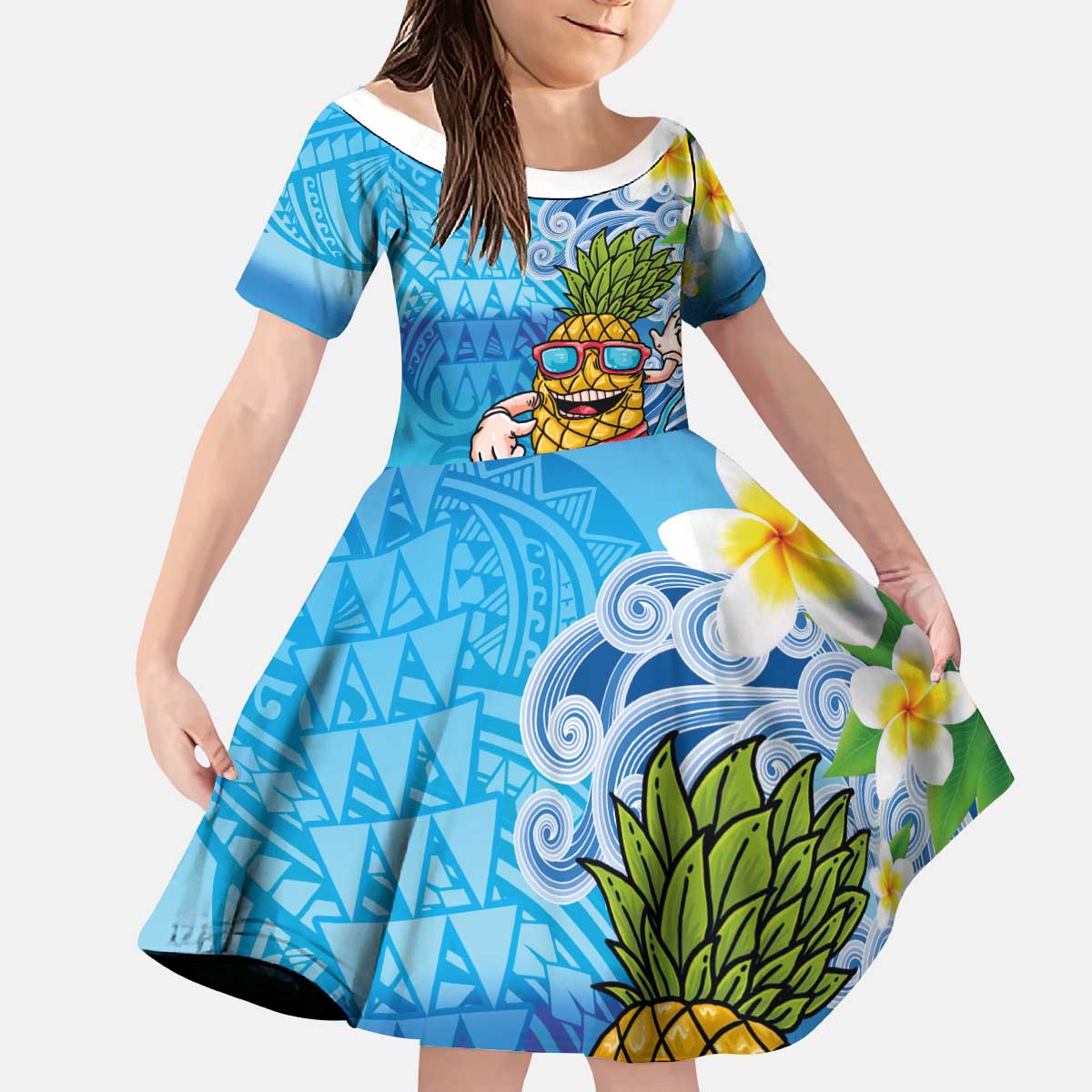 Hawaiian Funny Pineapple Surfing Kid Short Sleeve Dress Beach with Tribal Kakau and Plumeria