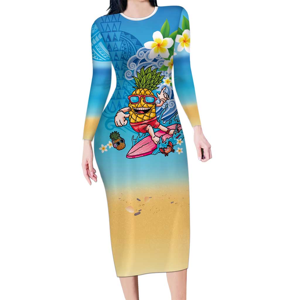 Hawaiian Funny Pineapple Surfing Long Sleeve Bodycon Dress Beach with Tribal Kakau and Plumeria