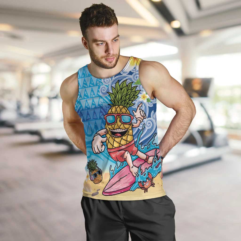 Hawaiian Funny Pineapple Surfing Men Tank Top Beach with Tribal Kakau and Plumeria
