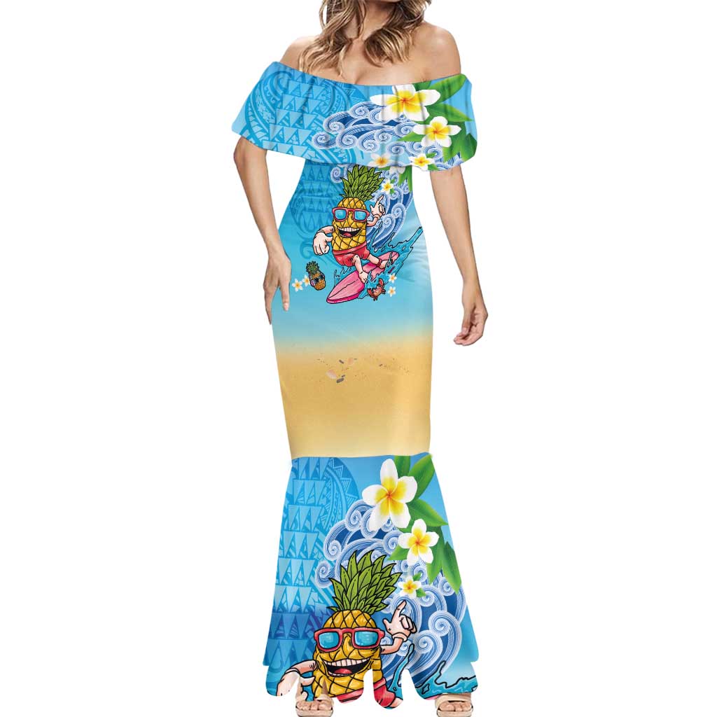 Hawaiian Funny Pineapple Surfing Mermaid Dress Beach with Tribal Kakau and Plumeria