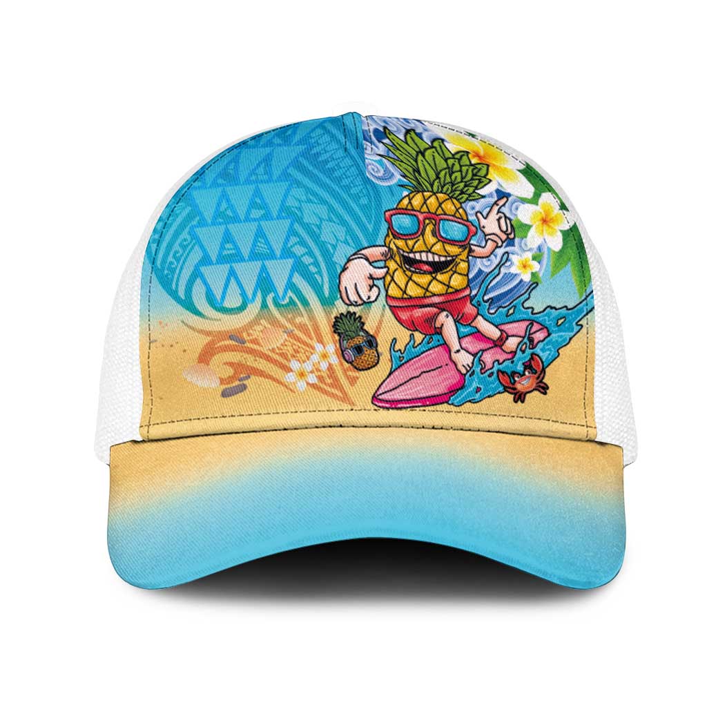 Hawaiian Funny Pineapple Surfing Mesh Trucker Cap Beach with Tribal Kakau and Plumeria