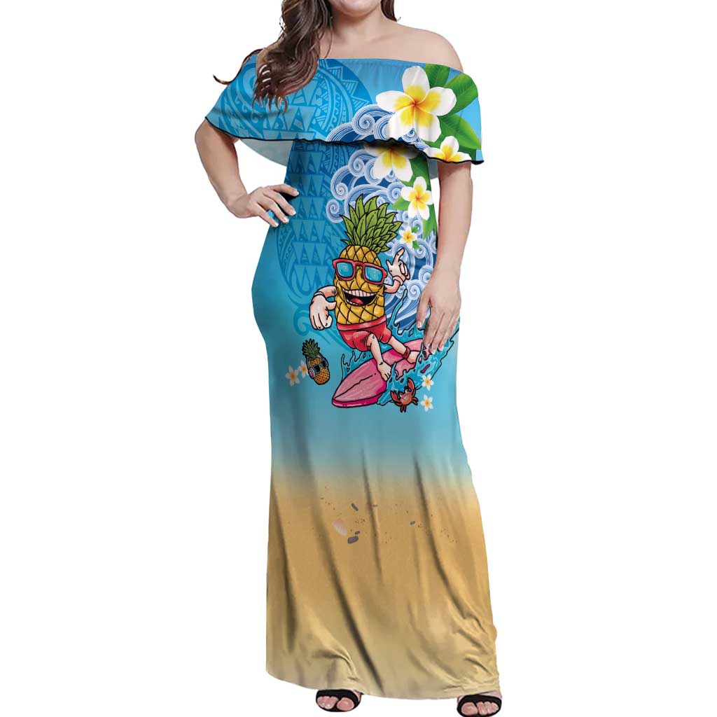 Hawaiian Funny Pineapple Surfing Off Shoulder Maxi Dress Beach with Tribal Kakau and Plumeria