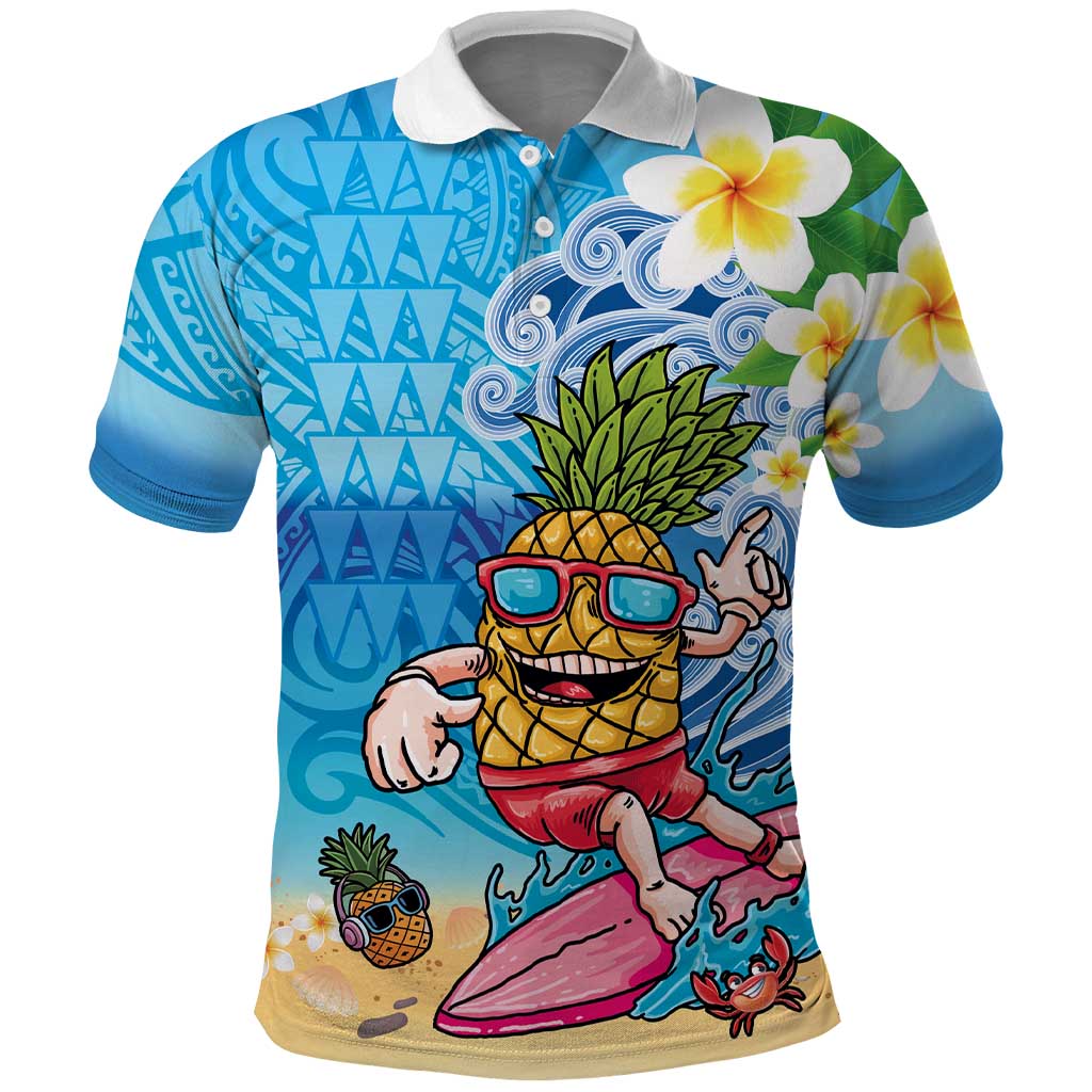 Hawaiian Funny Pineapple Surfing Polo Shirt Beach with Tribal Kakau and Plumeria