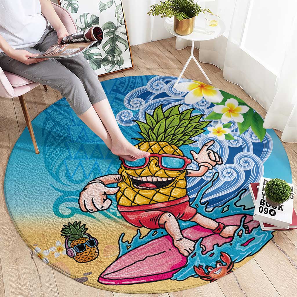 Hawaiian Funny Pineapple Surfing Round Carpet Beach with Tribal Kakau and Plumeria LT03 - Polynesian Pride