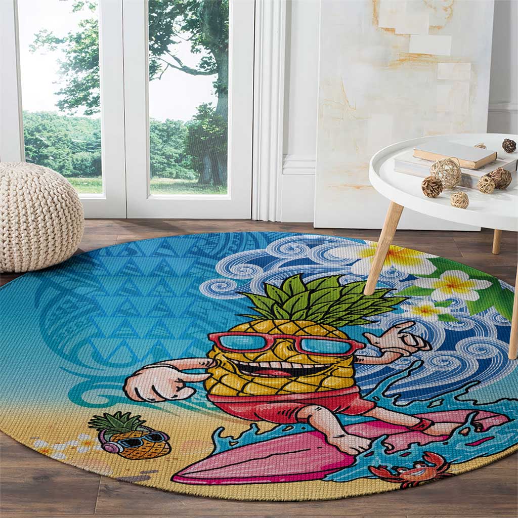 Hawaiian Funny Pineapple Surfing Round Carpet Beach with Tribal Kakau and Plumeria LT03 - Polynesian Pride
