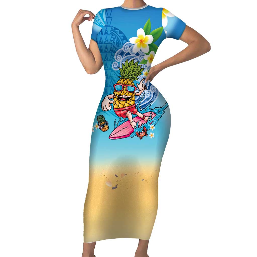 Hawaiian Funny Pineapple Surfing Short Sleeve Bodycon Dress Beach with Tribal Kakau and Plumeria LT03 Long Dress Multicolor - Polynesian Pride