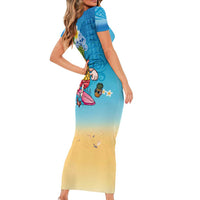 Hawaiian Funny Pineapple Surfing Short Sleeve Bodycon Dress Beach with Tribal Kakau and Plumeria LT03 - Polynesian Pride