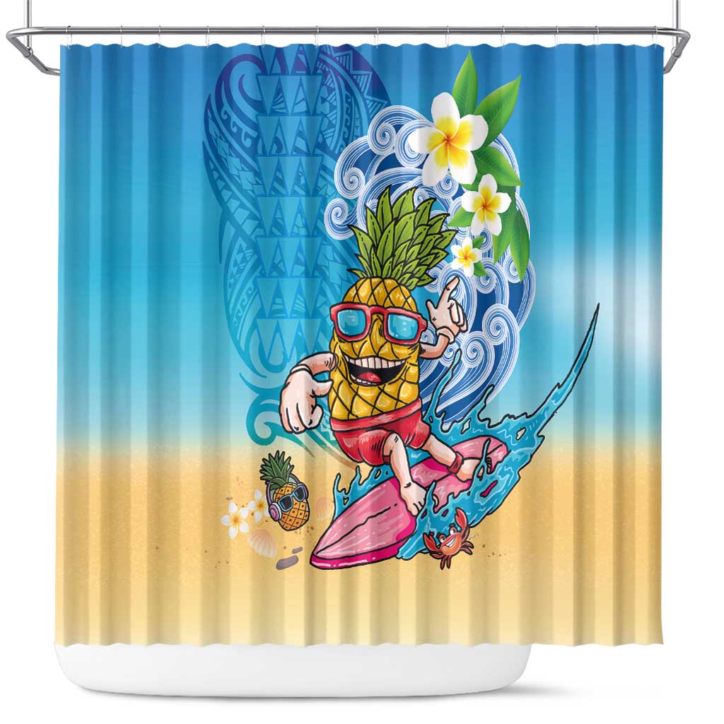 Hawaiian Funny Pineapple Surfing Shower Curtain Beach with Tribal Kakau and Plumeria