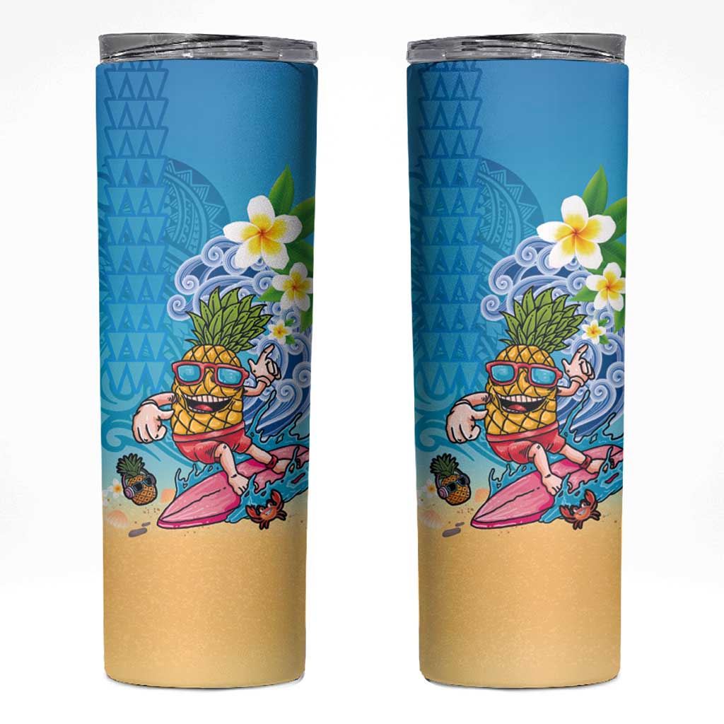 Hawaiian Funny Pineapple Surfing Skinny Tumbler Beach with Tribal Kakau and Plumeria LT03 Multicolor - Polynesian Pride