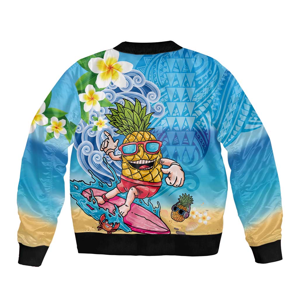 Hawaiian Funny Pineapple Surfing Sleeve Zip Bomber Jacket Beach with Tribal Kakau and Plumeria LT03 - Polynesian Pride